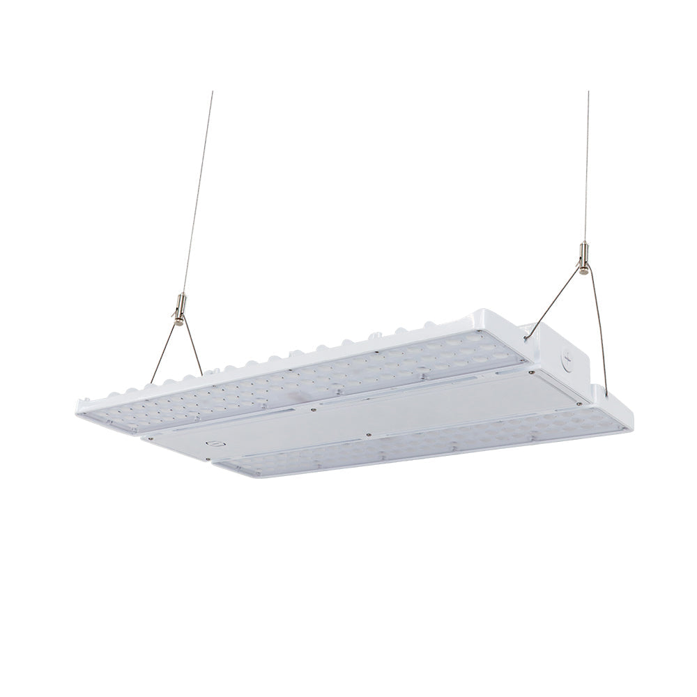 LOYA 2nd Gen | LED Linear High Bay | Adj Watt 240W/270W/310W | 46810 Lumens | Adj CCT 4000K-5000K | 120-277V | Built-In 40W Emergency Battery Backup | White Housing | UL & DLC Listed